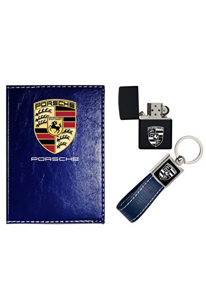 promosyon denizi Porsche Logolu Lacivert Ruhsat Kabı - Anahtarlık Ve Çakmak
