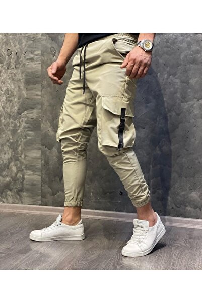Oliggopol Erkek Krem Bel Ve Paçası Lastikli Yandan Cepli Tarz Jogger Kargo Pa...