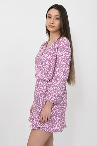 Soyo Γυναικείο Μίνι Πλεκτό Φόρεμα με Λιλά Μοτίβο Διπλό Πλεκτό