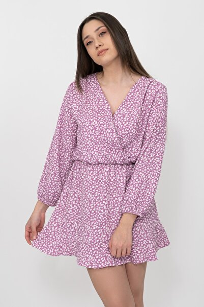 Soyo Γυναικείο Μίνι Πλεκτό Φόρεμα με Λιλά Μοτίβο Διπλό Πλεκτό