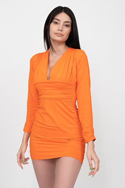 Soyo Γυναικείο Μίνι Φόρεμα Πορτοκαλί Συσπειρωμένο Βαθύ V λαιμόκοψη