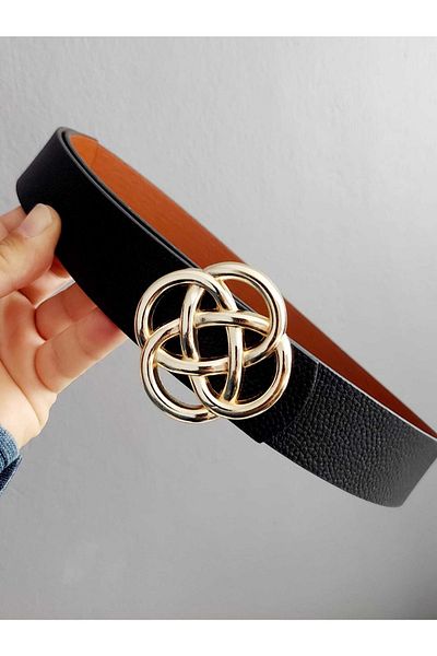 Kemerix Women's Double Sided Black-Tan Belt with Gold Buckle