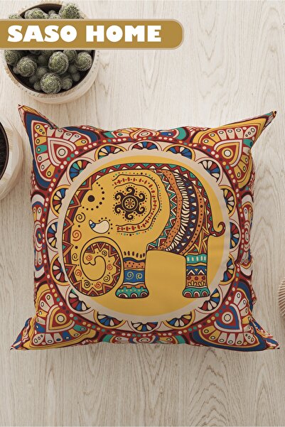 SasoHome Етнічний індійський вишитий чохол на подушку з візерунком слона на високоякісній оксамитовій тканині кремового кольору