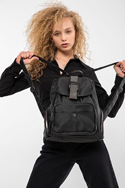 Saria Moda Rucsac elegant pentru femei din țesătură din satin negru cu detali...