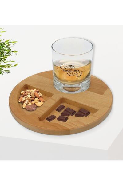 Bk Gift Kişiye Özel Isimli Viski Bardağı Ve Doğal Masif Ahşap Yuvarlak Sunum ...