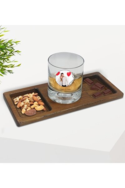 Bk Gift Kişiye Özel Isimli Fotoğraflı Viski Bardağı Ve Doğal Masif Ahşap Dikd...