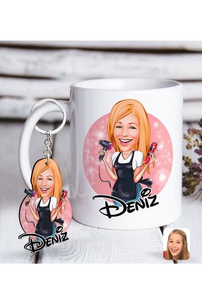 Bk Gift Kişiye Özel Kadın Kuaför Karikatürlü Beyaz Kupa Ve Anahtarlık Hediye ...