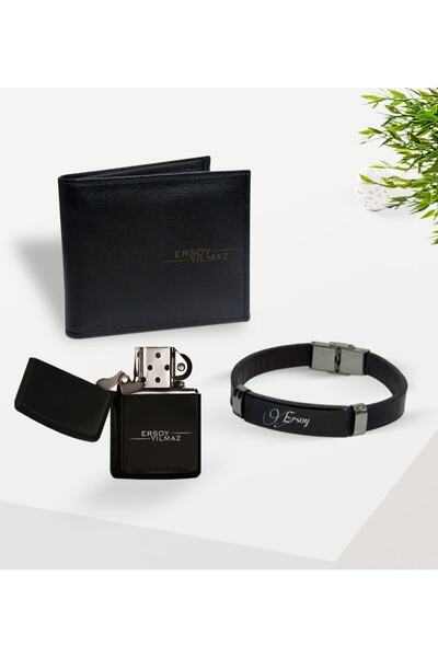 Bk Gift Kişiye Özel Isimli Siyah Deri Cüzdan Bileklik Ve Benzinli Çakmak Hedi...