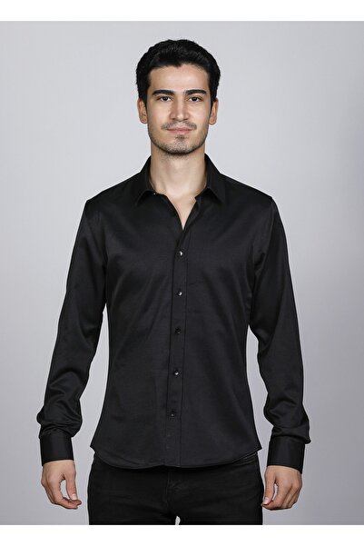 Erkek Gömlek Kolay Ütülenebilir Slim Fit Siyah Renk Klasik Giyim 22128