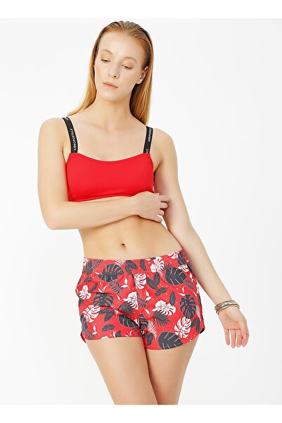 LİMON COMPANY Kadın Kırmızı Çiçek Desenli Deniz Şortu