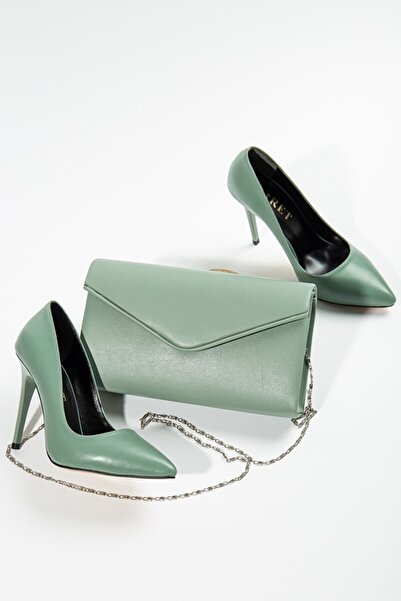 SOFT FASHION Kadın Su Yeşili Cilt Stiletto & Çanta Kombin Ince Yüksek Topuklu...