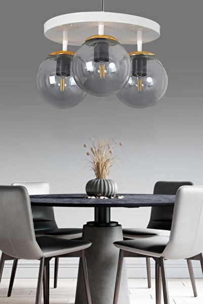 ŞL Şef Light Tepsi Beyaz 3'lü Füme Glop Camlı Avize