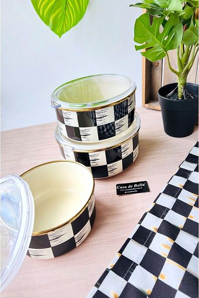 CASA DE BELLA Checkerboard Patterned Enamel 3-Piece Storage Container