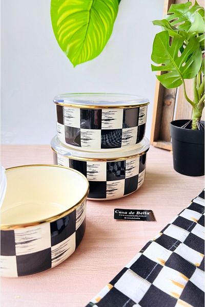 CASA DE BELLA Checkerboard Patterned Enamel 3-Piece Storage Container