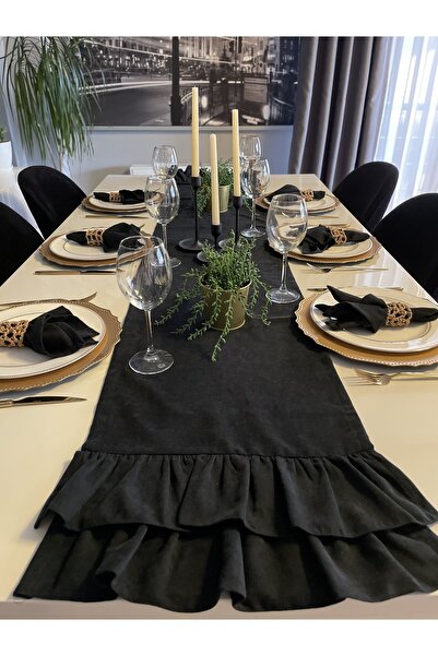 Decamor home Velvet Textured Double Layer Ruffle Long Decorative Vintage Black Runner