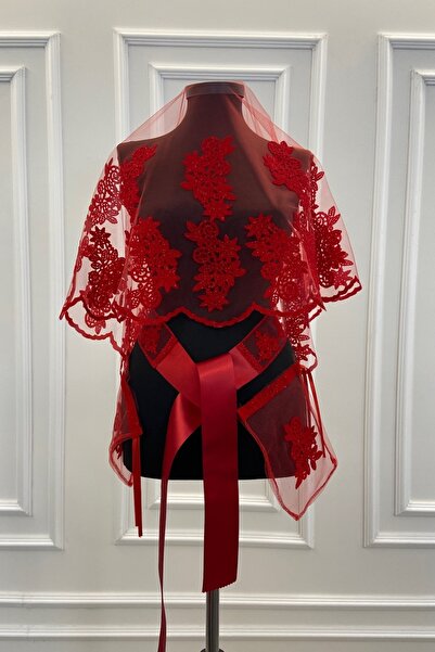 ZEYMERADE Kırmızı Güpür Desenli Flok Baskı Simli Gelin Duvak Kuşak Eldiven Set