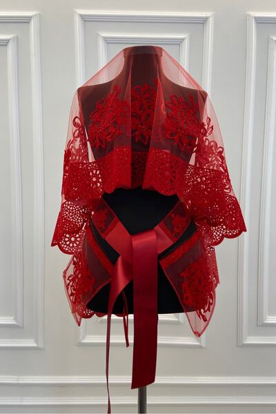 ZEYMERADE مجموعة قفازات وشاح الزفاف الفضية المزخرفة باللون الأحمر والزهور