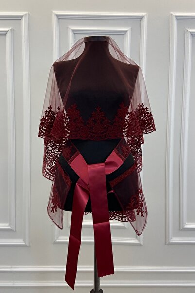 ZEYMERADE Bordo Klasik Desen Flok Baskı Simli Gelin Duvak Kuşak Eldiven Set