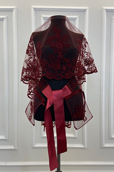 ZEYMERADE مجموعة قفازات وشاح الزفاف الفضي المزخرف بأوراق الشجر باللون العنابي