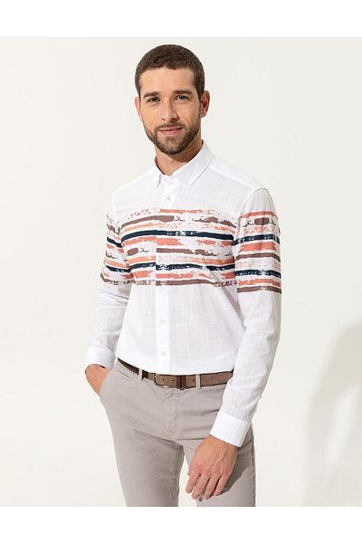Pierre Cardin Ανδρικό πουκάμισο λευκό Slim Fit - Πορτοκαλί λεπτομέρεια