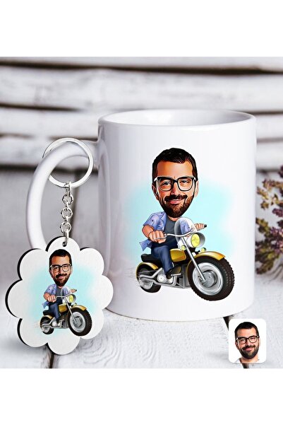 Bk Gift Kişiye Özel Erkek Motorcu Karikatürlü Beyaz Kupa Ve Anahtarlık Hediye...