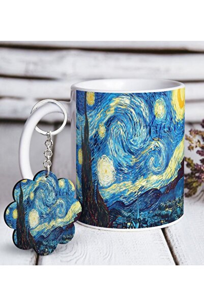 Bk Gift Kişiye Özel The Starry Night Vincent Van Gogh Beyaz Kupa Ve Anahtarlı...