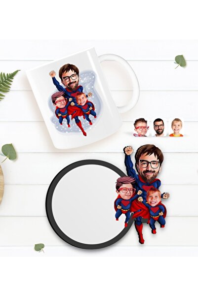 Bk Gift Kişiye Özel Süper Baba Süper Çocuklar Karikatürlü Beyaz Kupa Ve Ahşap...