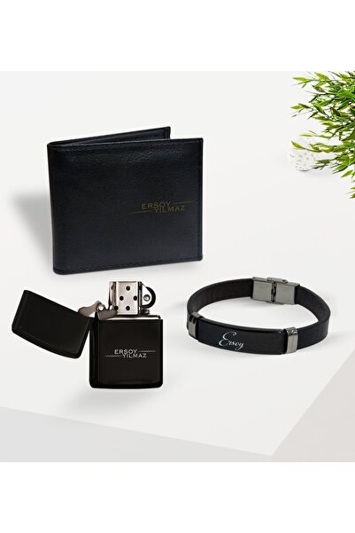 Bk Gift Kişiye Özel Isimli Siyah Deri Cüzdan Bileklik Ve Benzinli Çakmak Hedi...