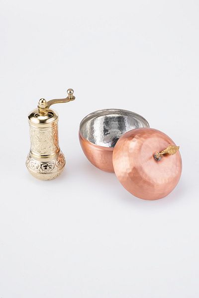 DMT COPPER HOME Handcrafted Copper Apple Motif Turkish Coffee Storage Container with Hand Forged (diameter 8.5 Cm) Coffee Grinder Gift