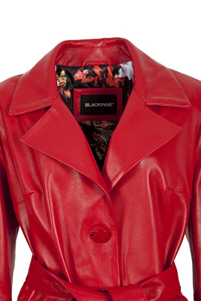 KARA DERİ Kadın Kırmızı Hakiki Deri Trençkot