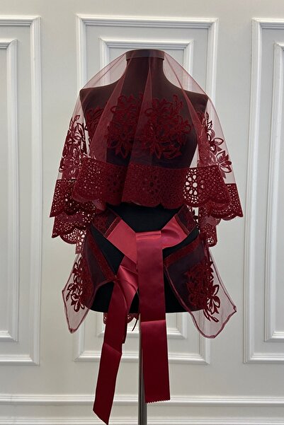 ZEYMERADE Bordo Oya Ve Çiçek Desen Flok Baskı Simli Gelin Duvak Kuşak Eldiven...