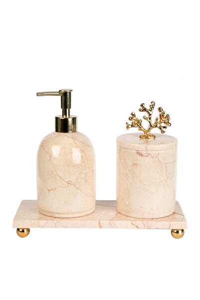 MIARIK DESIGN & DEKORASYON Dekoratif Bej Mermer Gold Altın Mercan Detaylı 3 L...
