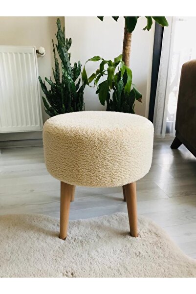 WEBPANYA Gürgen Ahşap Ayak Krem Teddy Kumaş Pofidik Puf