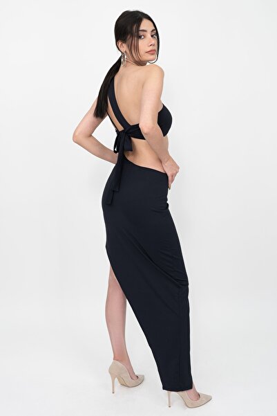 Soyo Rochie asimetrică neagră pentru femei, cu un singur umăr