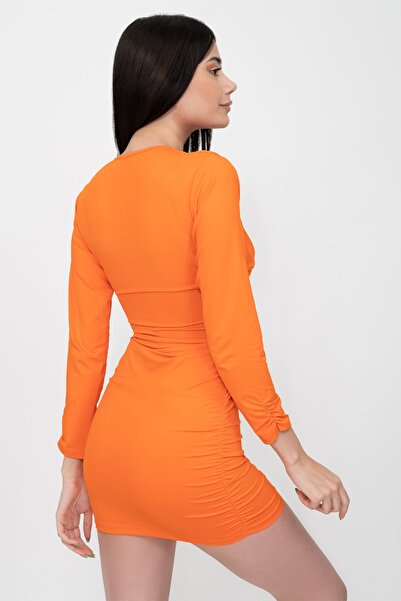 Soyo Γυναικείο Μίνι Φόρεμα Πορτοκαλί Συσπειρωμένο Βαθύ V λαιμόκοψη