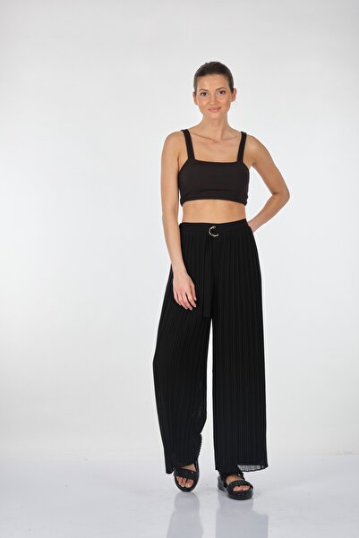 GARNİ Bol Paça Lastikli Bel Siyah Kadın Pantolon 22ypnt02013