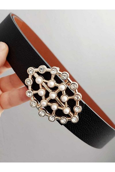 Kemerix Women's Pearl Stone Gold Buckle Double Sided Black-tan Belt