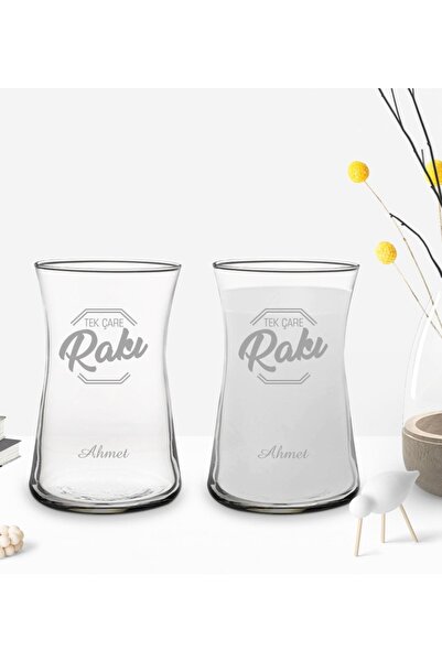 Bk Gift Kişiye Özel Tek Çare Rakı Tasarımlı 2’li Heybeli Çay Bardağı Rakı Kad...
