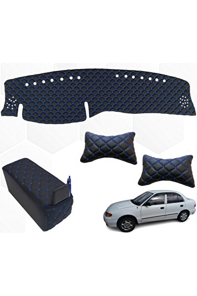 Point Hyundai Accent Uyumlu Ön Göğüs Halısı + Boyunluk 1995-2000 Arası Siyah-Mavi Suni Deri