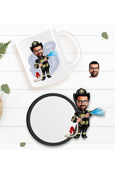 Bk Gift Kişiye Özel Itfaiyeci Karikatürlü Beyaz Kupa Ve Ahşap Bardak Altlığı ...
