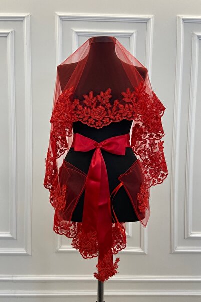 ZEYMERADE Kırmızı Gül Güpürlü Gelin Duvak Kuşak Eldiven Set Kına Gecesi Düğün