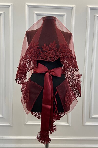 ZEYMERADE Bordo Gül Güpürlü Gelin Duvak Kuşak Eldiven Komple Set Kına Gecesi ...