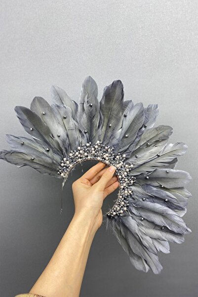 Limelia Coroană de mireasă cu pene și margele de culoare argintie