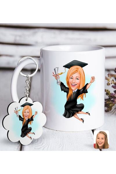 Bk Gift Kişiye Özel Bayan Mezun Karikatürlü Beyaz Kupa Ve Anahtarlık Hediye S...