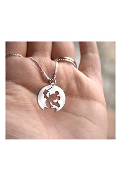 Gökdeniz 925 Yuvarlak Plaka Mickey Mouse Tasarım Gümüş Unisex Kolye