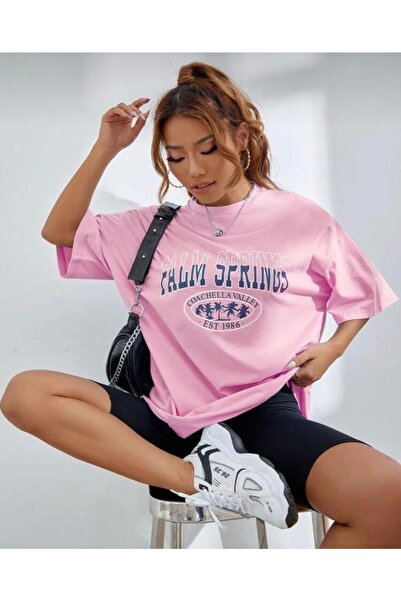 AFROGİYİM Γυναικείο μπλουζάκι με στάμπα Palm Springs Oversize