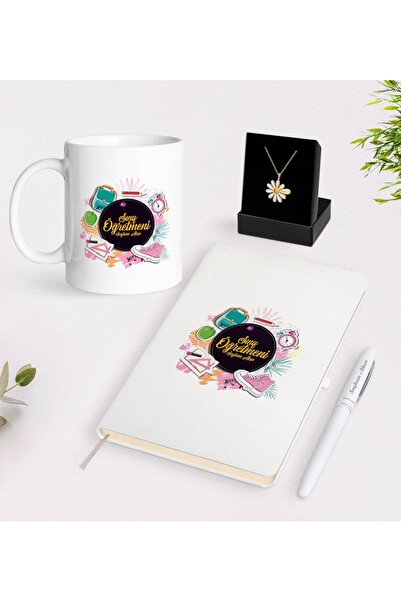 Bk Gift Kişiye Özel Sınıf Öğretmeni Beyaz Kupa Defter Kalem Ve Isimli Papatya...