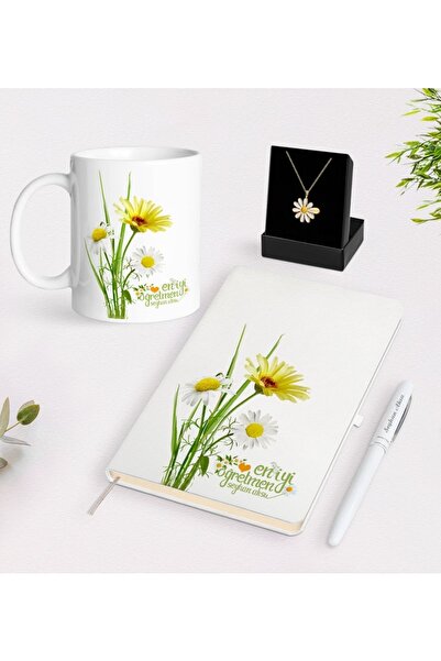 Bk Gift Kişiye Özel Papatya Temalı En Iyi Öğretmen Beyaz Kupa Defter Kalem Ve...