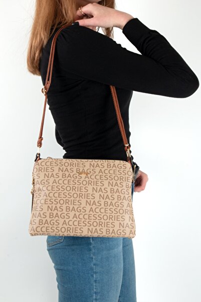 Nas Bag Kadın Vizon Taba  946 Yazılı Baskı Kadın Çapraz Çantası
