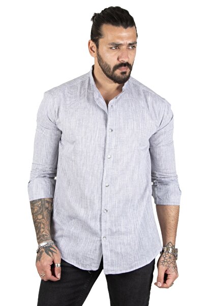 DeepSEA Erkek Gri Çizgili Likralı Hakim Yaka Ham Keten Uzun Kollu Gömlek 2201895